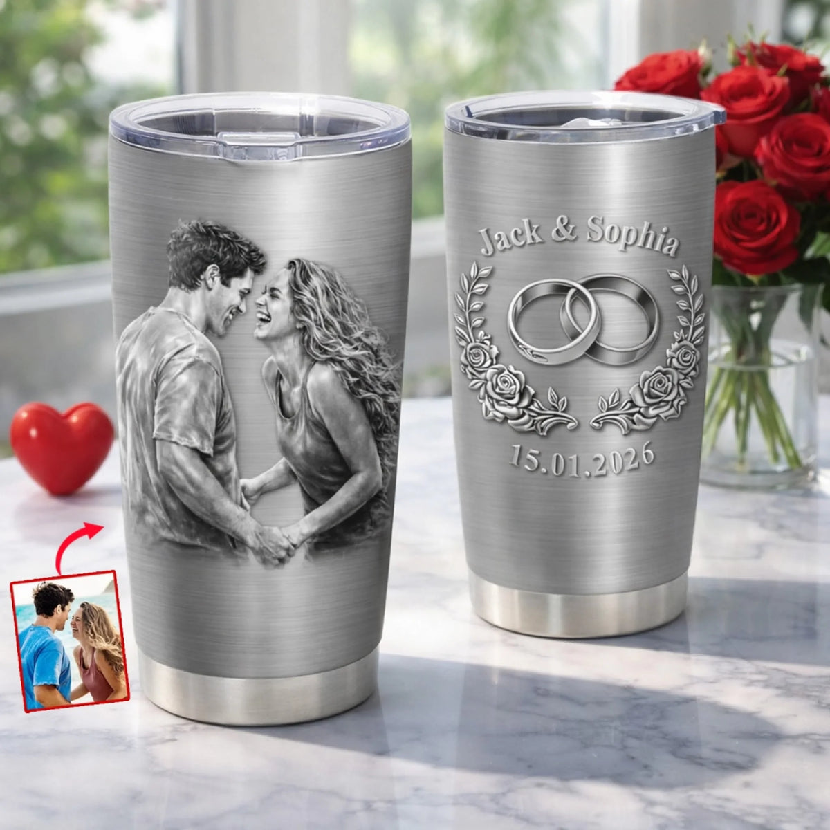 Forever In Love - Personalized Tumbler, Engraved Couple Portrait & Wedding Date, Custom Photo Gift