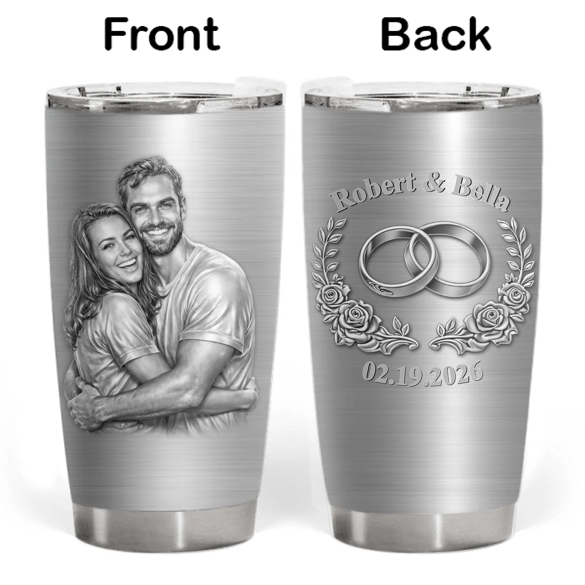 Forever In Love - Personalized Tumbler, Engraved Couple Portrait & Wedding Date, Custom Photo Gift