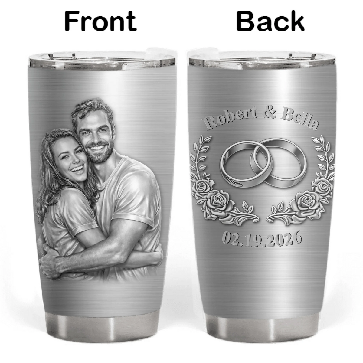 Forever In Love - Personalized Tumbler, Engraved Couple Portrait &amp; Wedding Date, Custom Photo Gift