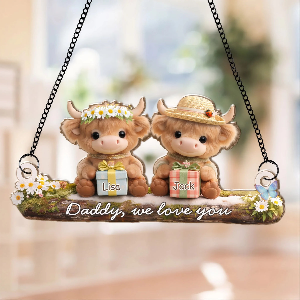 Sunlit Love From Your Little Highland Cow - Personalized Window Hanging Suncatcher, Gift For Family, Adorable Gift For Dad,Mom, Grandma Or Grandpa