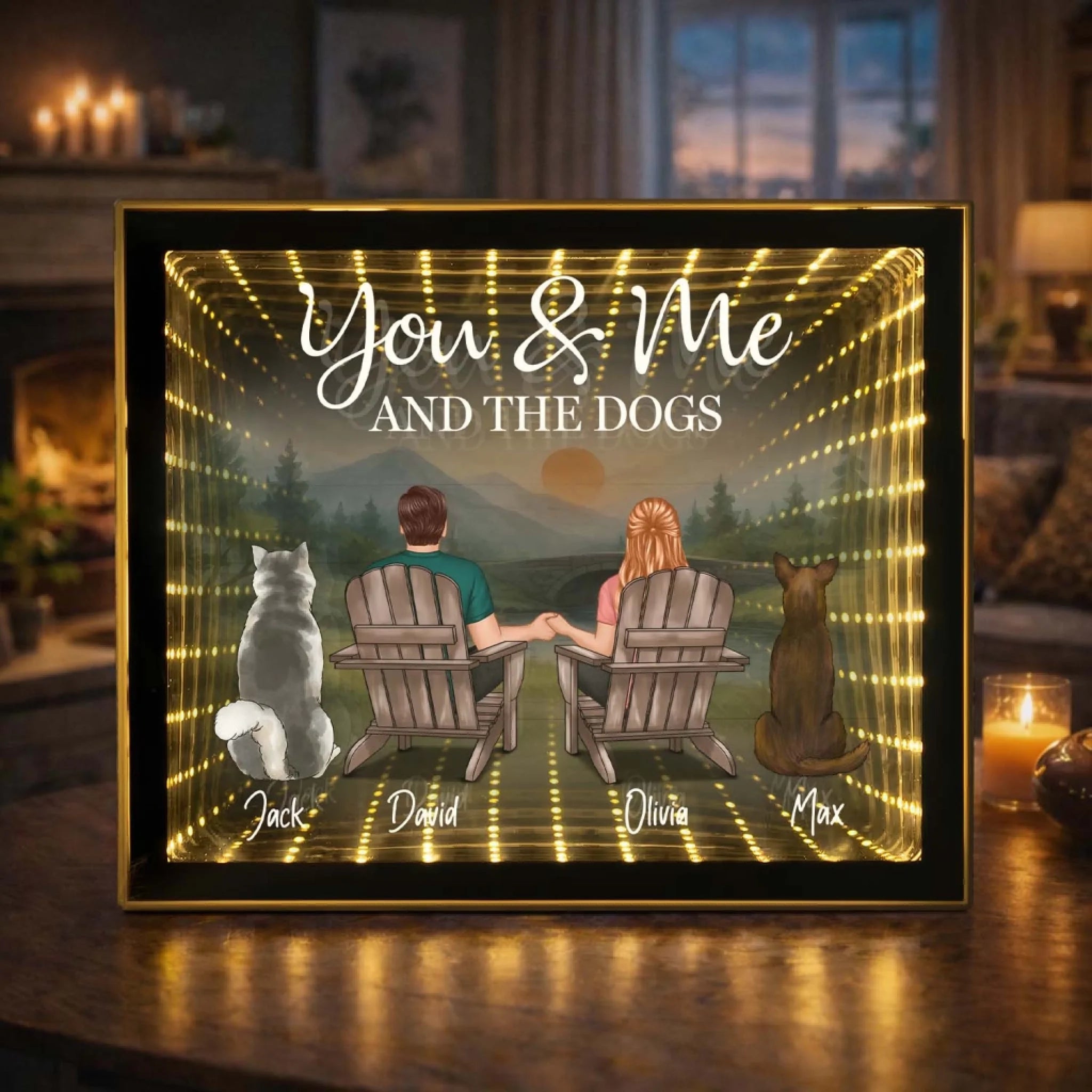 You & Me And Our Furry Friend - Personalized Photo Infinity Mirror Light Box, Couple Gift, Gift For Dog Parents, Anniversary Keepsake Gift For Lover