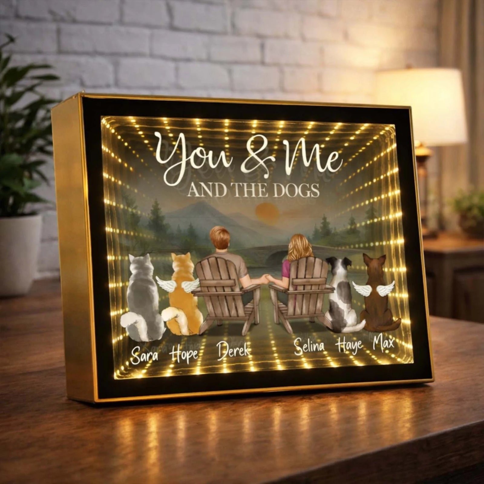 You & Me And Our Furry Friend - Personalized Photo Infinity Mirror Light Box, Couple Gift, Gift For Dog Parents, Anniversary Keepsake Gift For Lover
