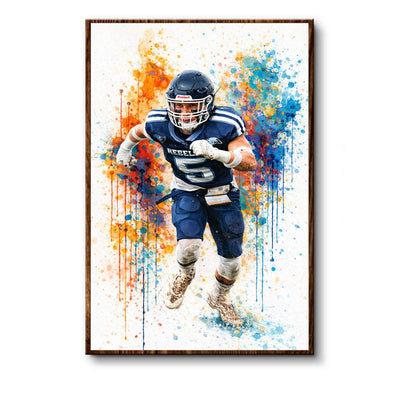 Framed artwork of a football player with colorful abstract design