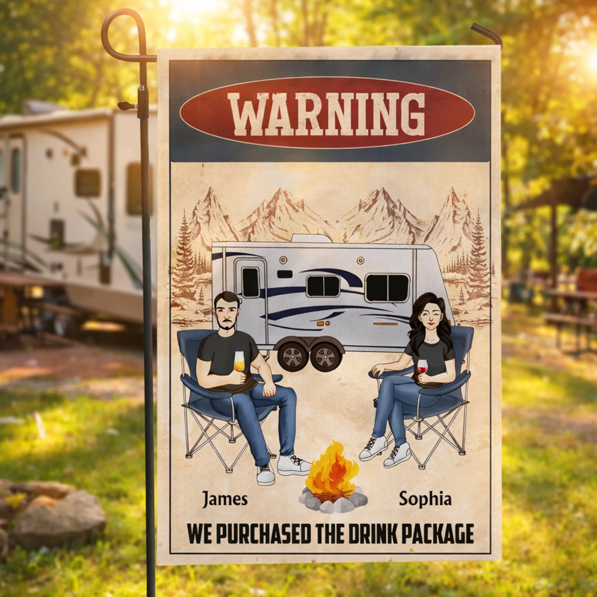 Funny Camping Warning Drink Package - Personalized Garden Flag, Funny Gift For Camping Lovers