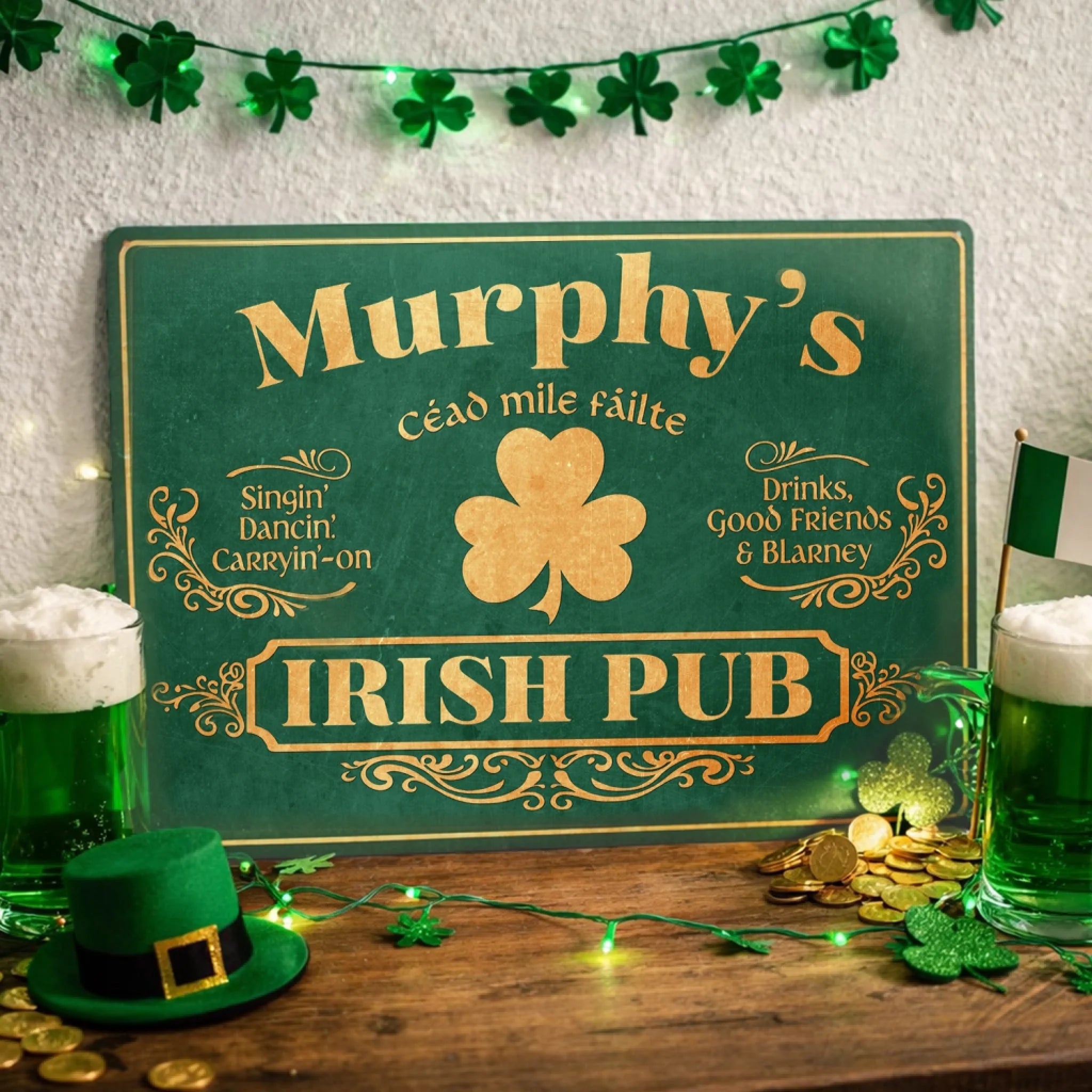 Lucky Irish Bar - Personalized Metal Sign, Irish Bar Wall Sign, Vintage Shamrock Pub Decor, St. Patrick’s Day