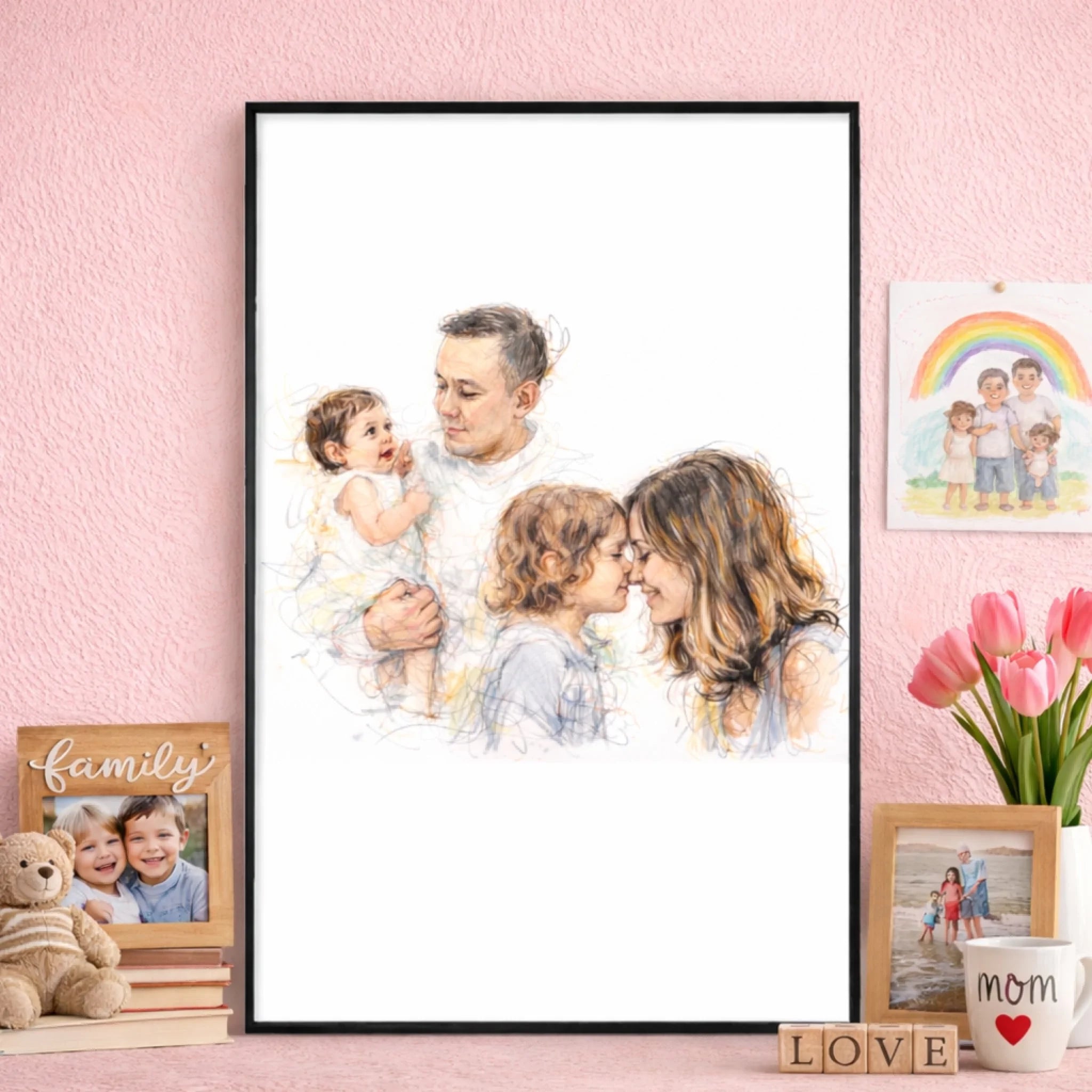 Drawn Together By Heart - Personalized Poster, Gift For Family, Minimalist Line Art Portrait Wall Decor, Colorline Abstract Scribble Portrait