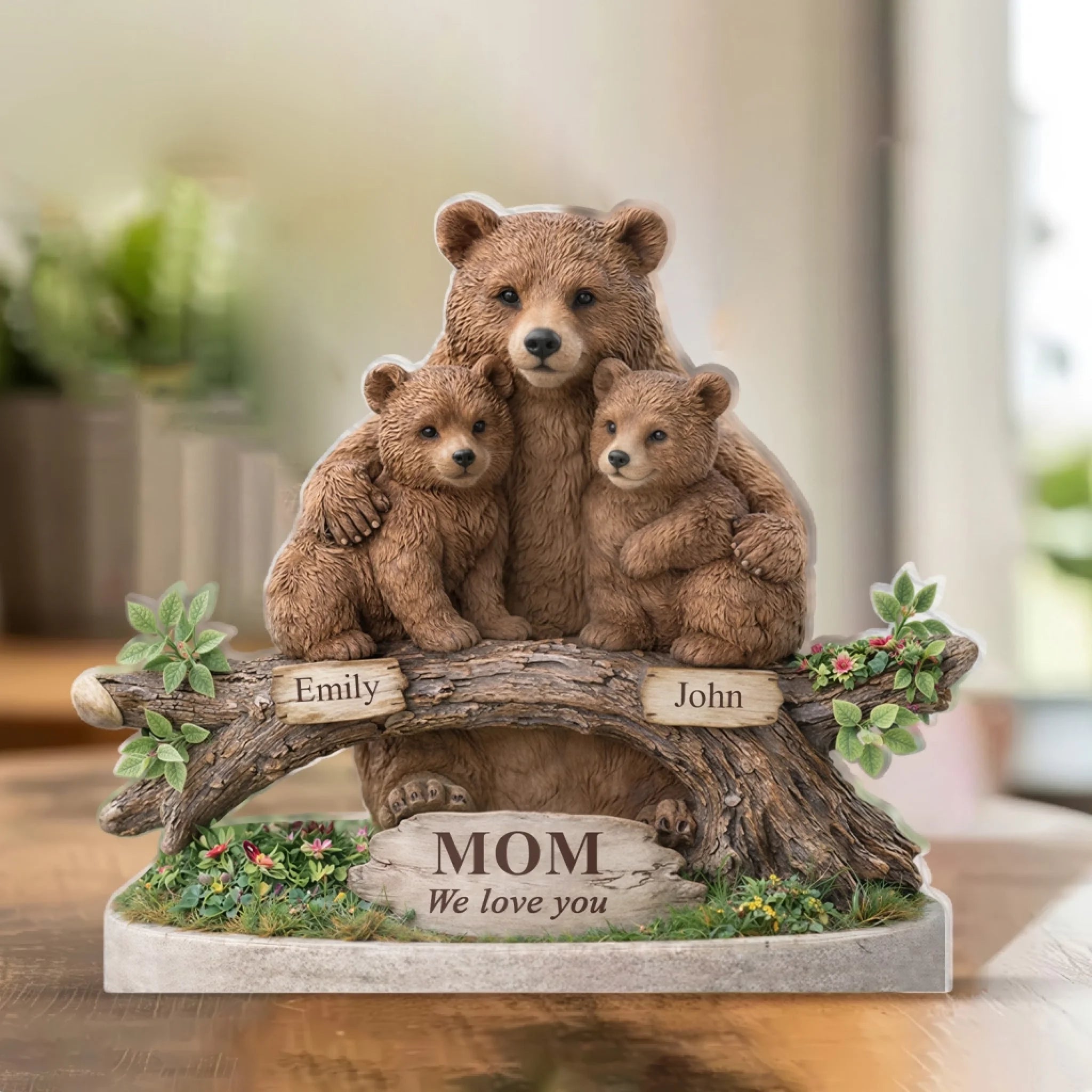 Mama Bear Hug - Personalized Acrylic Plaque, Gift For Mom, Custom Bear Family Figurine with Children’s Names
