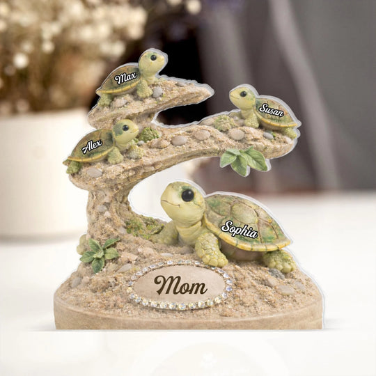 Turtle Mom Family Figurine - Personalized Acrylic Plaque, Gift For Mom, Turtle Family Plaque Decor