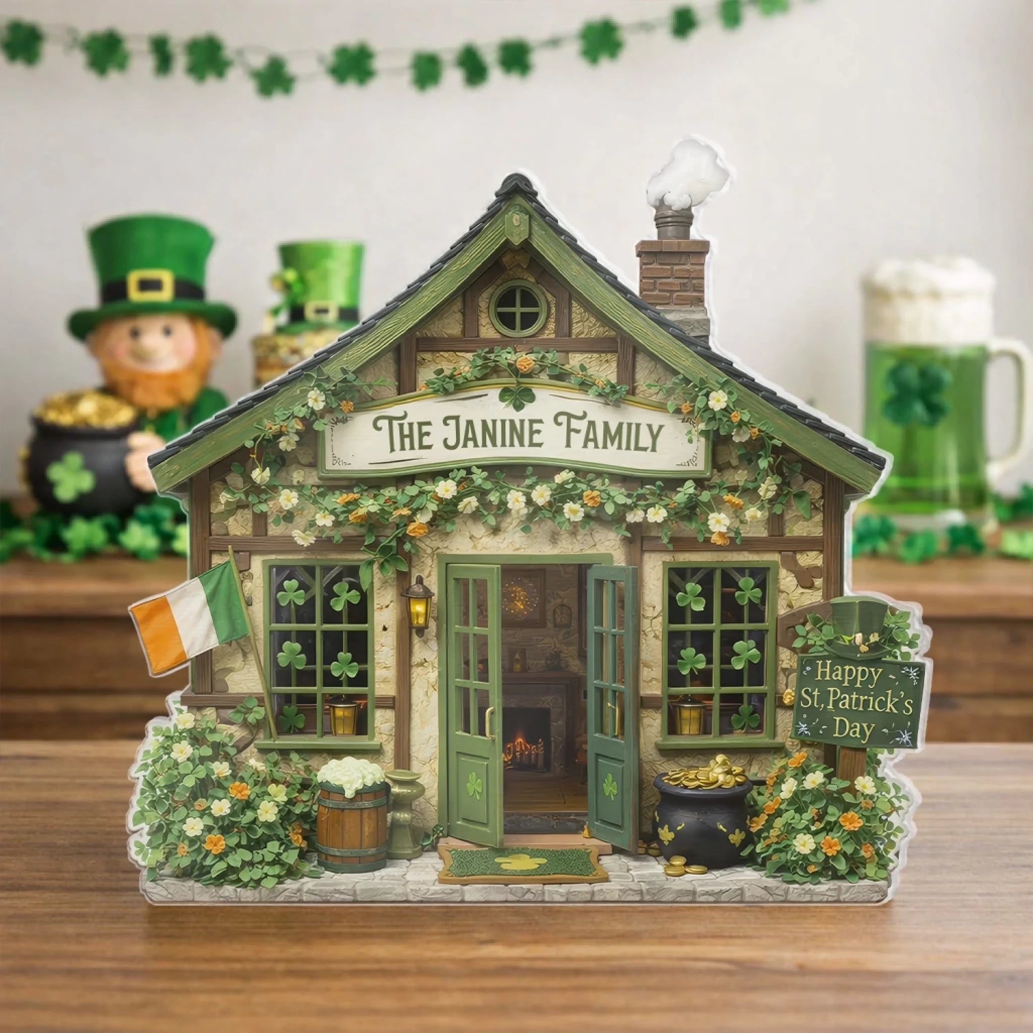 Shamrock Family House - Personalized Acrylic Plaque, Rustic St Patrick Style, Shamrock Decor