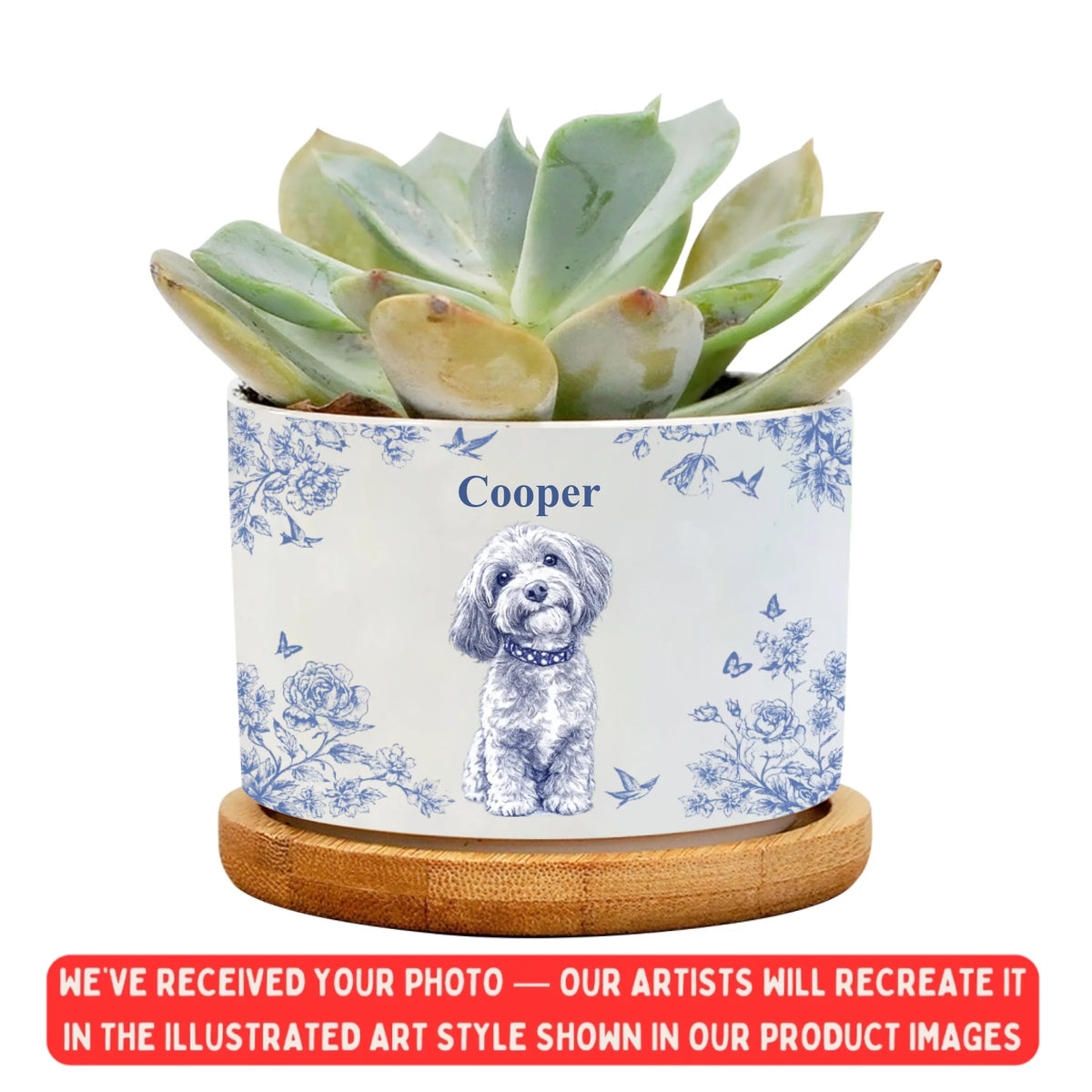 Toile De Jouy Flower Pet Photo - Personalized Plant Pot, Gift For Pet Lovers, Drawing Portrait From Photo