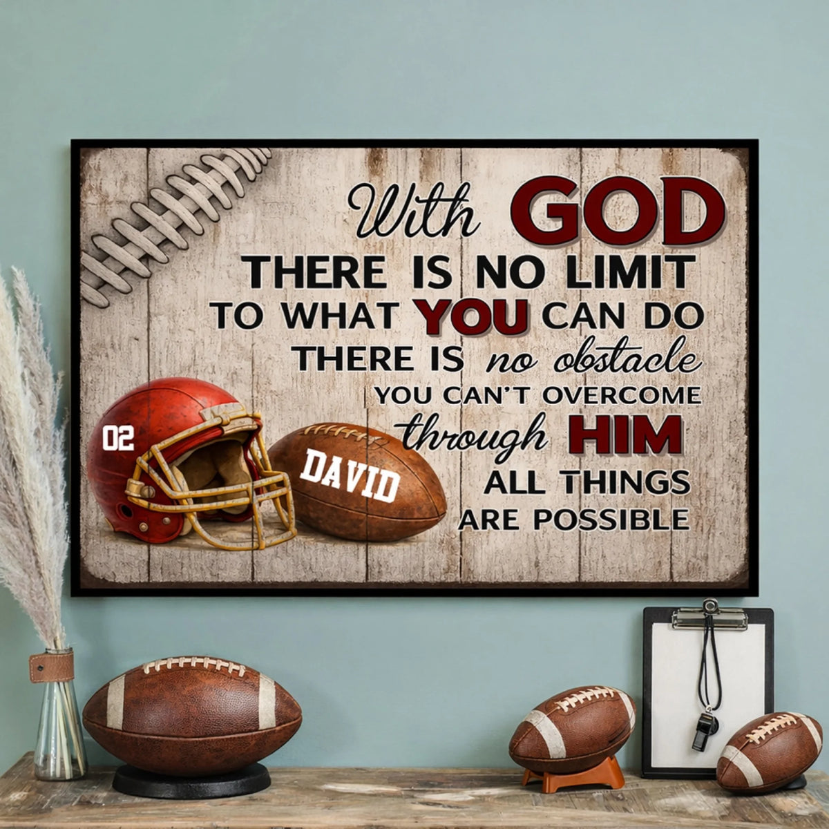 Through Him All Things Are Possible - Personalized Poster, Gift For Football Lover, Football Player Wall Art, Football Fan Home Decor