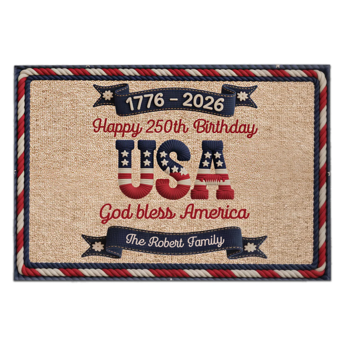 Celebrate 250 Years Of America - Personalized Doormat, Custom Family Name Patriotic Welcome Mat, USA 1776–2026 Porch Decor