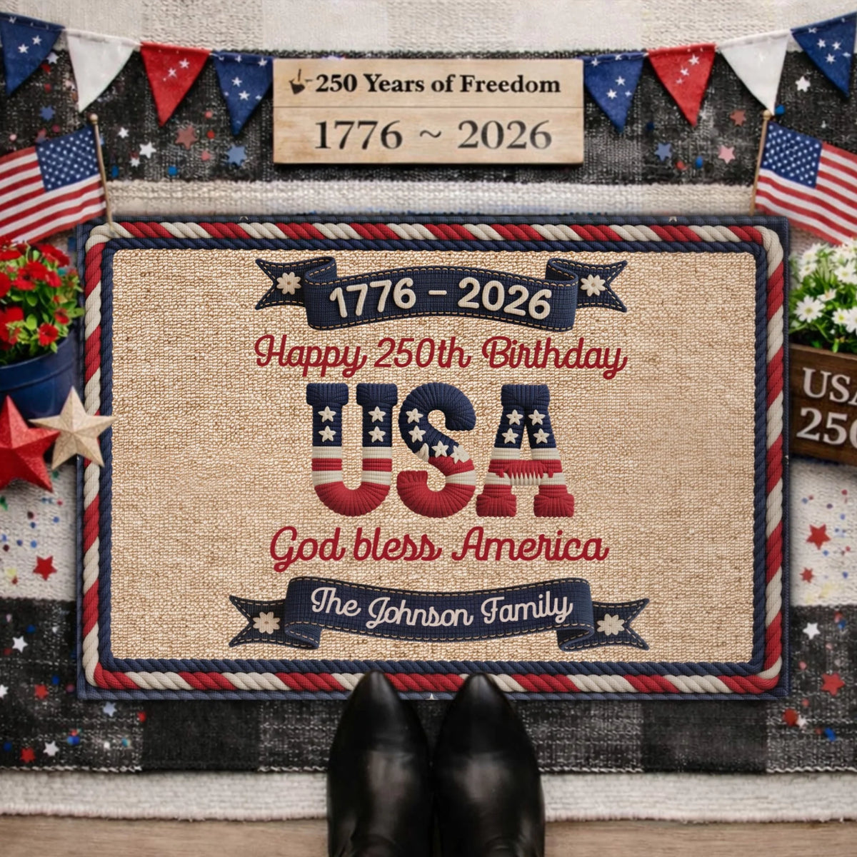 Celebrate 250 Years Of America - Personalized Doormat, Custom Family Name Patriotic Welcome Mat, USA 1776–2026 Porch Decor
