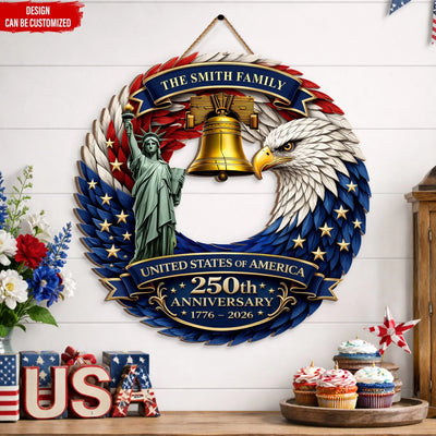 Honoring 250 Years of American Freedom - Personalized Wooden Sign, Custom Family Name Door Sign, Gift For Independence Day