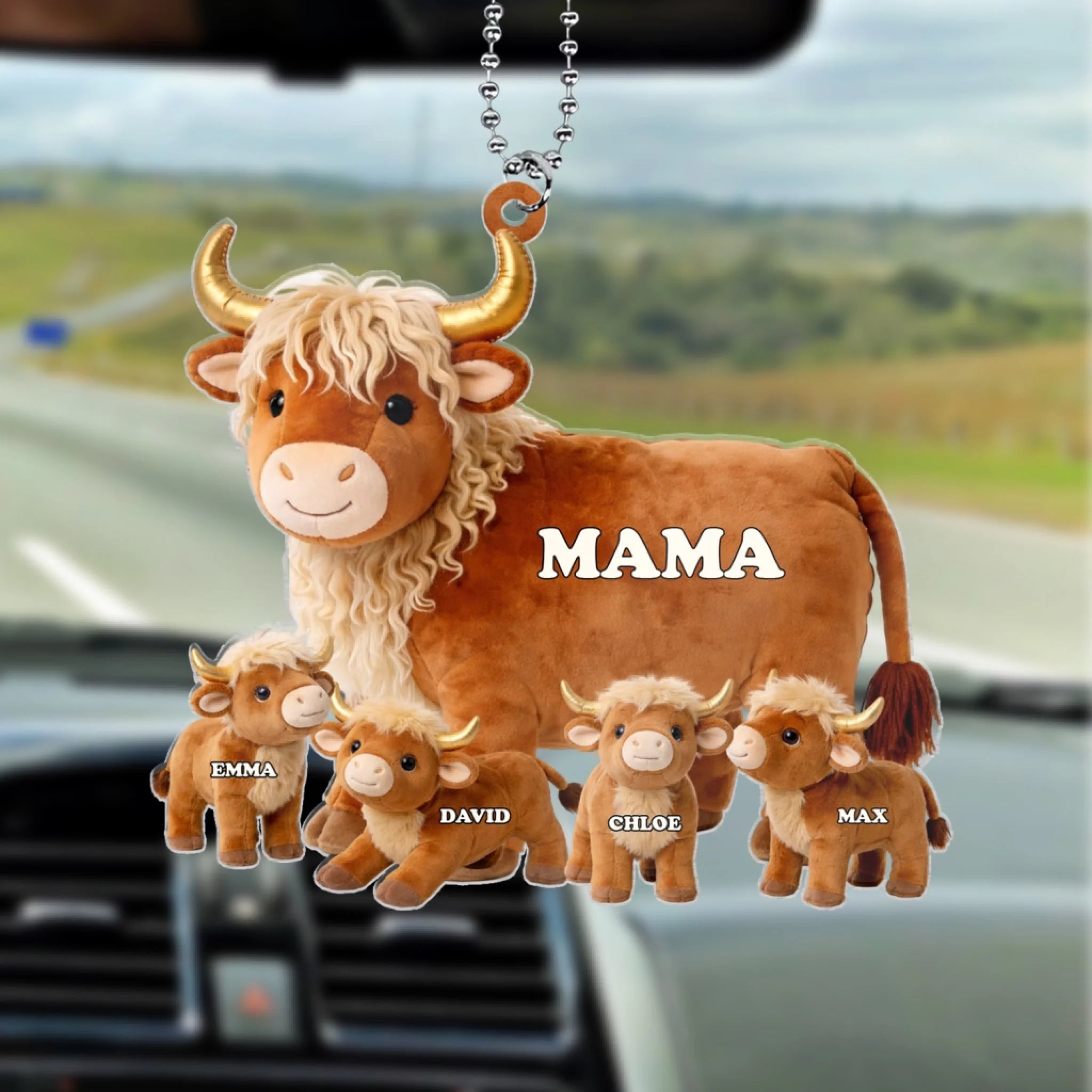 Highland Cow Mama - Personalized Acrylic Car Hanger, Custom Name Gift for Mother’s Day, Gift For Mom, Grandma