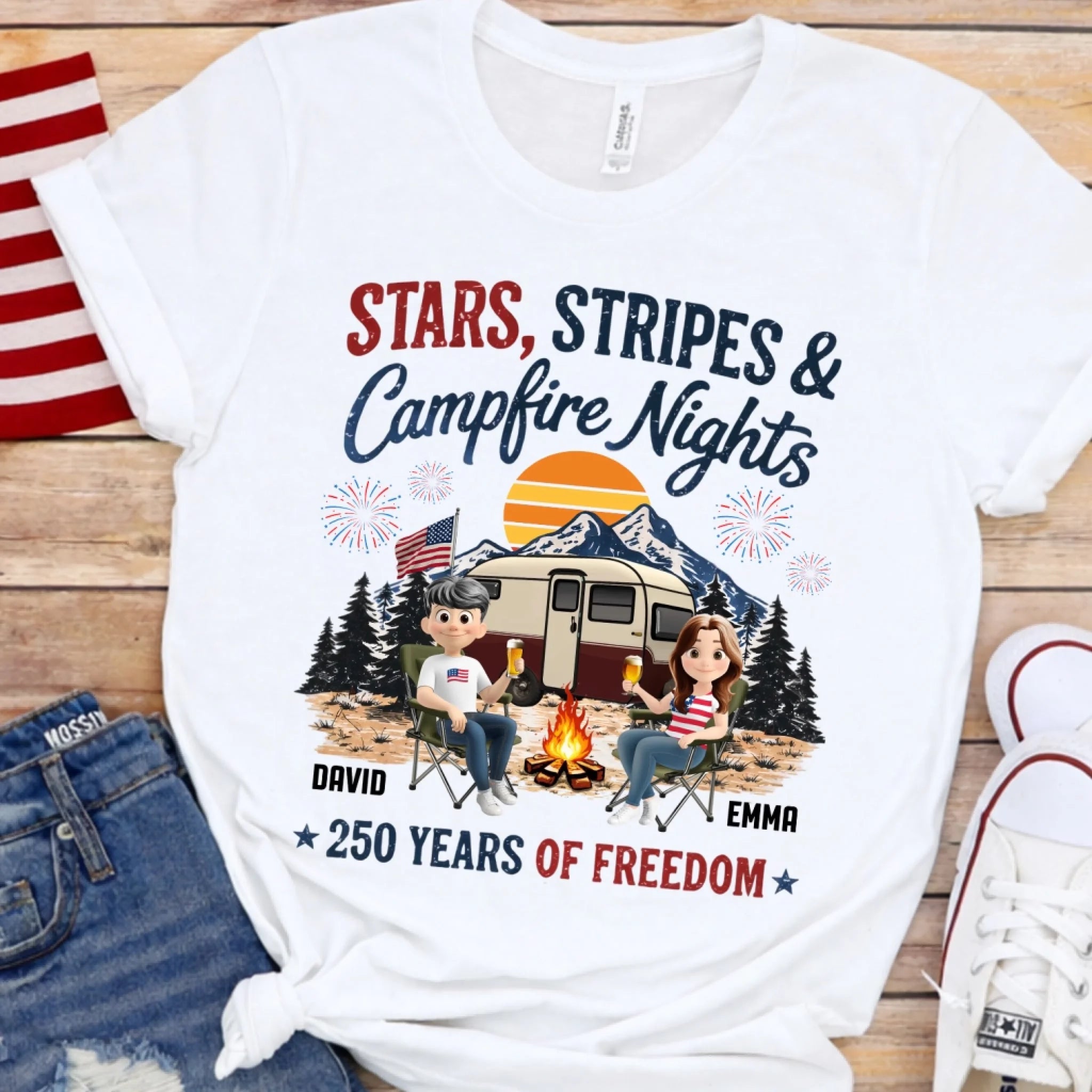 Campfire Nights & American Pride - Personalized T-shirt, Gift For Camping Lovers, USA 250th Anniversary Gift For Camper