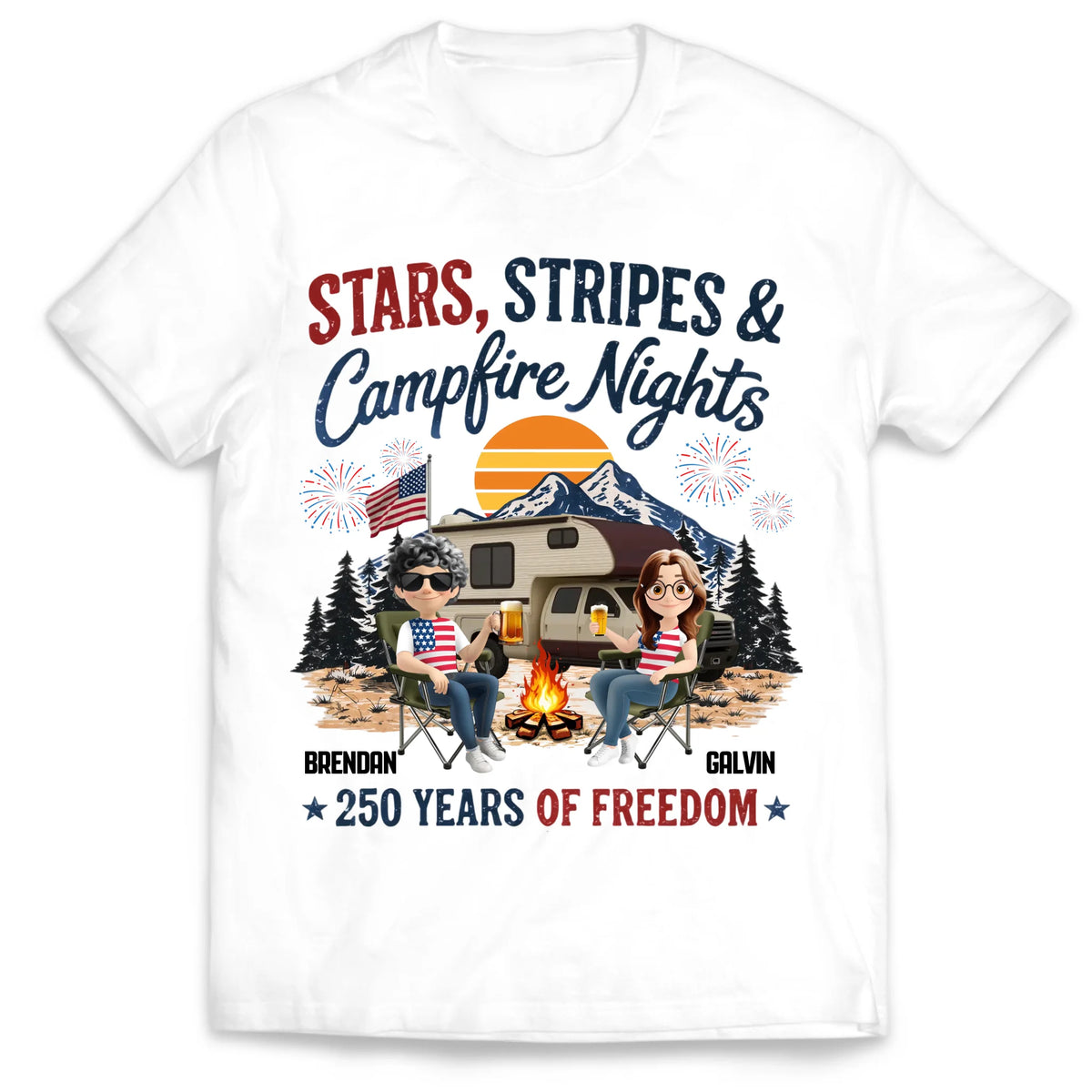 Campfire Nights &amp; American Pride - Personalized T-shirt, Gift For Camping Lovers, USA 250th Anniversary Gift For Camper