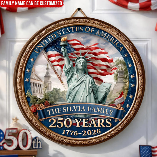 Statue of Liberty & American Flag Tribute - Personalized Wooden Sign, Custom Family Name Freedom Graphic, Gift For 250th Anniversary, Patriotic Home Decor