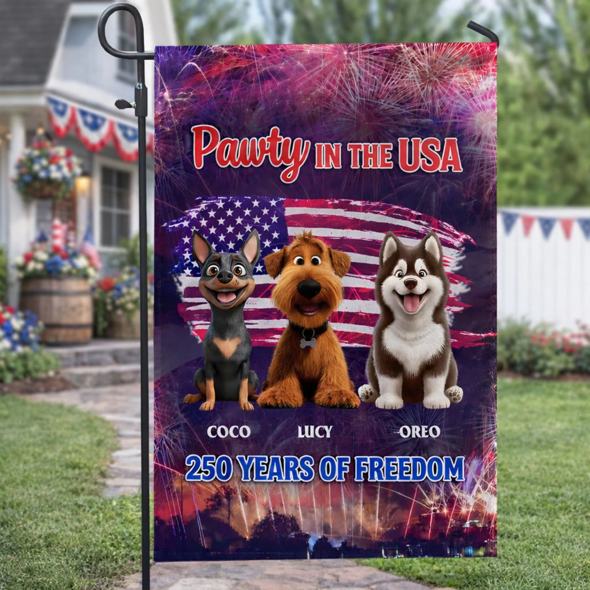 Pawty In The USA 250 Years Of Freedom - Personalized Garden Flag, Gift For Dog Lovers, 250 Years USA Anniversary Celebration