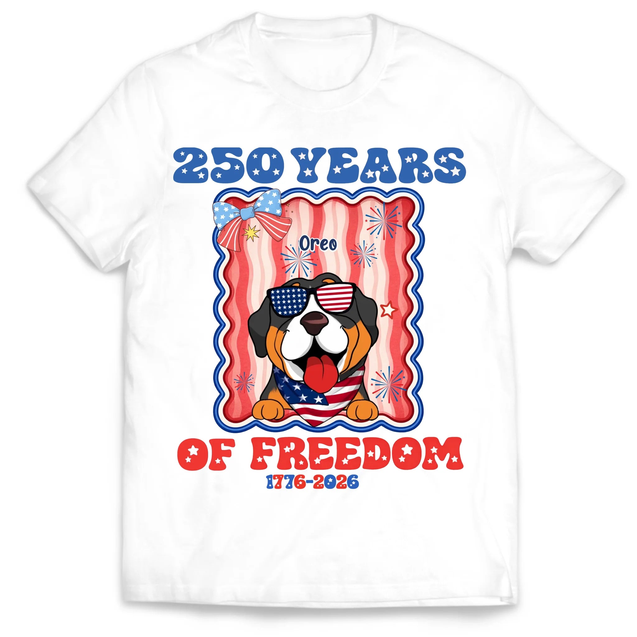 Proud Pup Celebrates 250 Years of Freedom – Personalized T-Shirt, Patriotic Dog USA, Stars, Stripes & Happy Paws