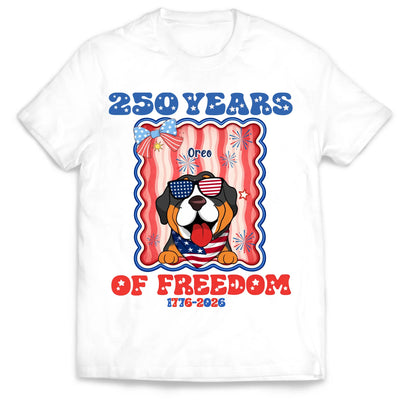 Proud Pup Celebrates 250 Years of Freedom – Personalized T-Shirt, Patriotic Dog USA, Stars, Stripes & Happy Paws