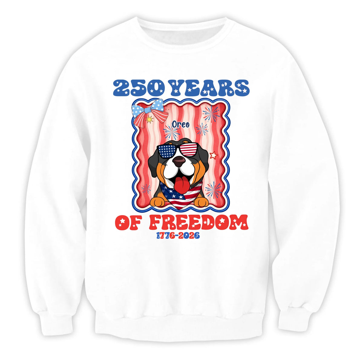 Proud Pup Celebrates 250 Years of Freedom – Personalized T-Shirt, Patriotic Dog USA, Stars, Stripes &amp; Happy Paws