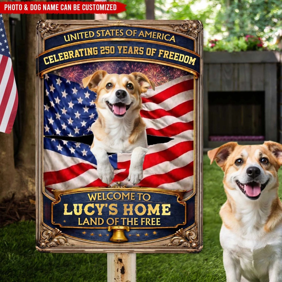 Welcome To Home Of Proud American Pup - Personalized Metal Sign, Custom Pet, Gift For 250th Anniversary, Patriotic Home Decor