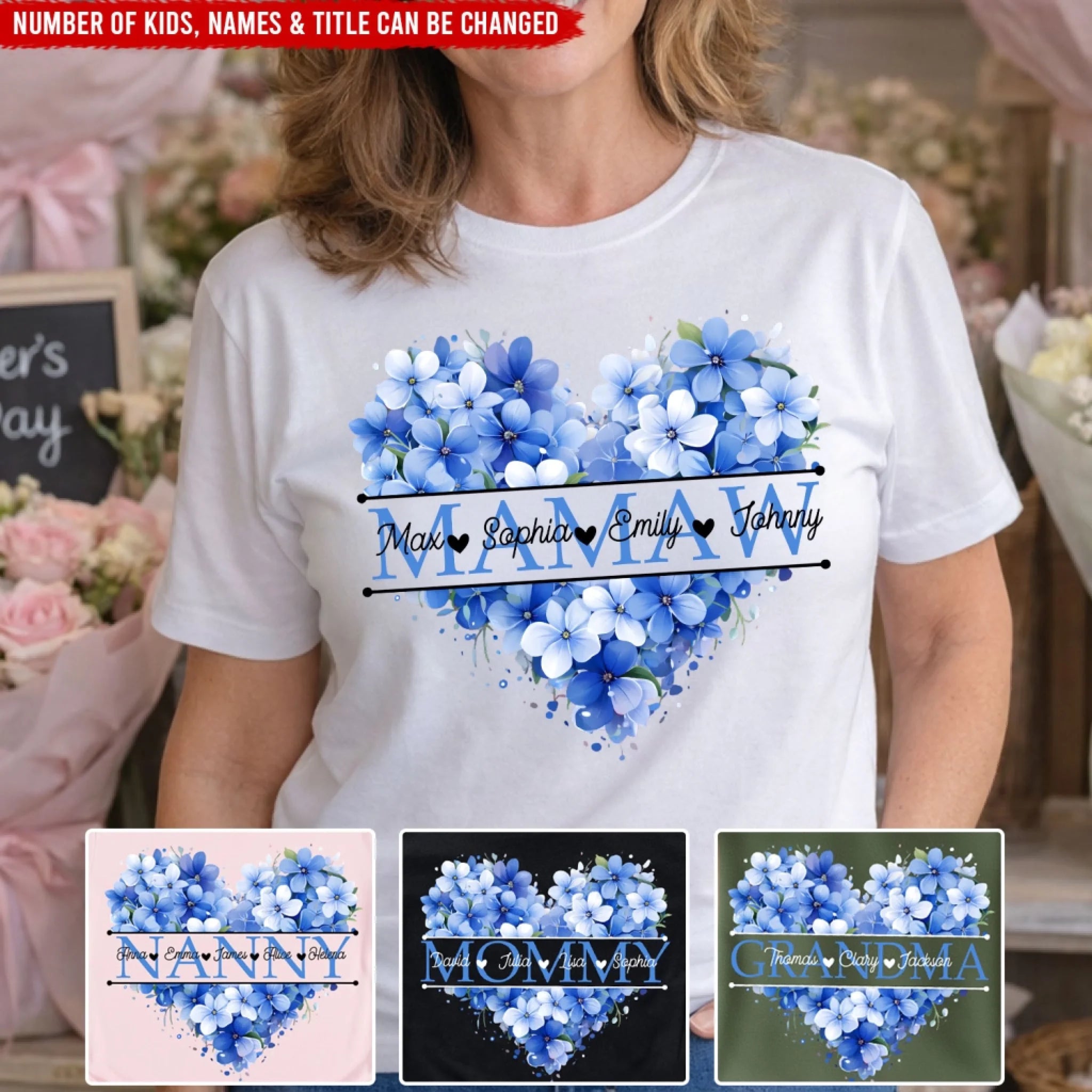 Beautiful Mama Flower Heart - Personalized T-Shirt, Gift For Grandma, Mom, Blue Floral Heart Custom Grandma Gift With Grandkids Name