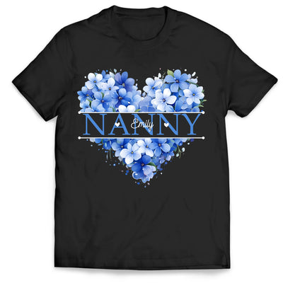 Beautiful Mama Flower Heart - Personalized T-Shirt, Gift For Grandma, Mom, Blue Floral Heart Custom Grandma Gift With Grandkids Name
