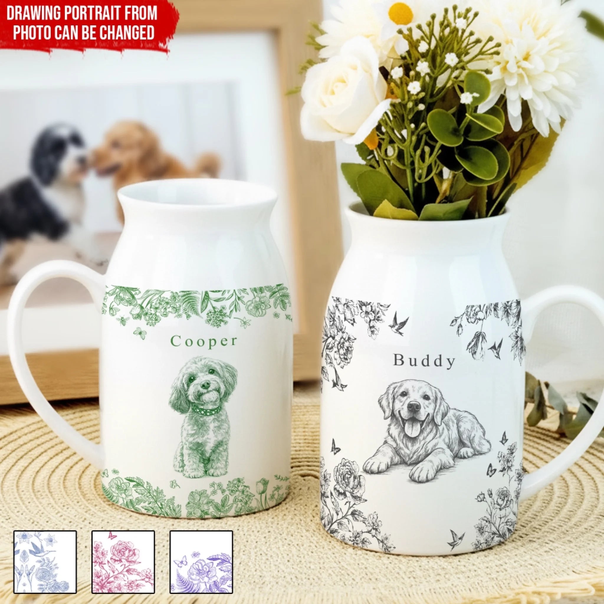 Cute Pet Photo With Toile De Jouy Flower - Personalized Flower Vase, Gift For Pet Lovers, Drawing Portrait From Photo