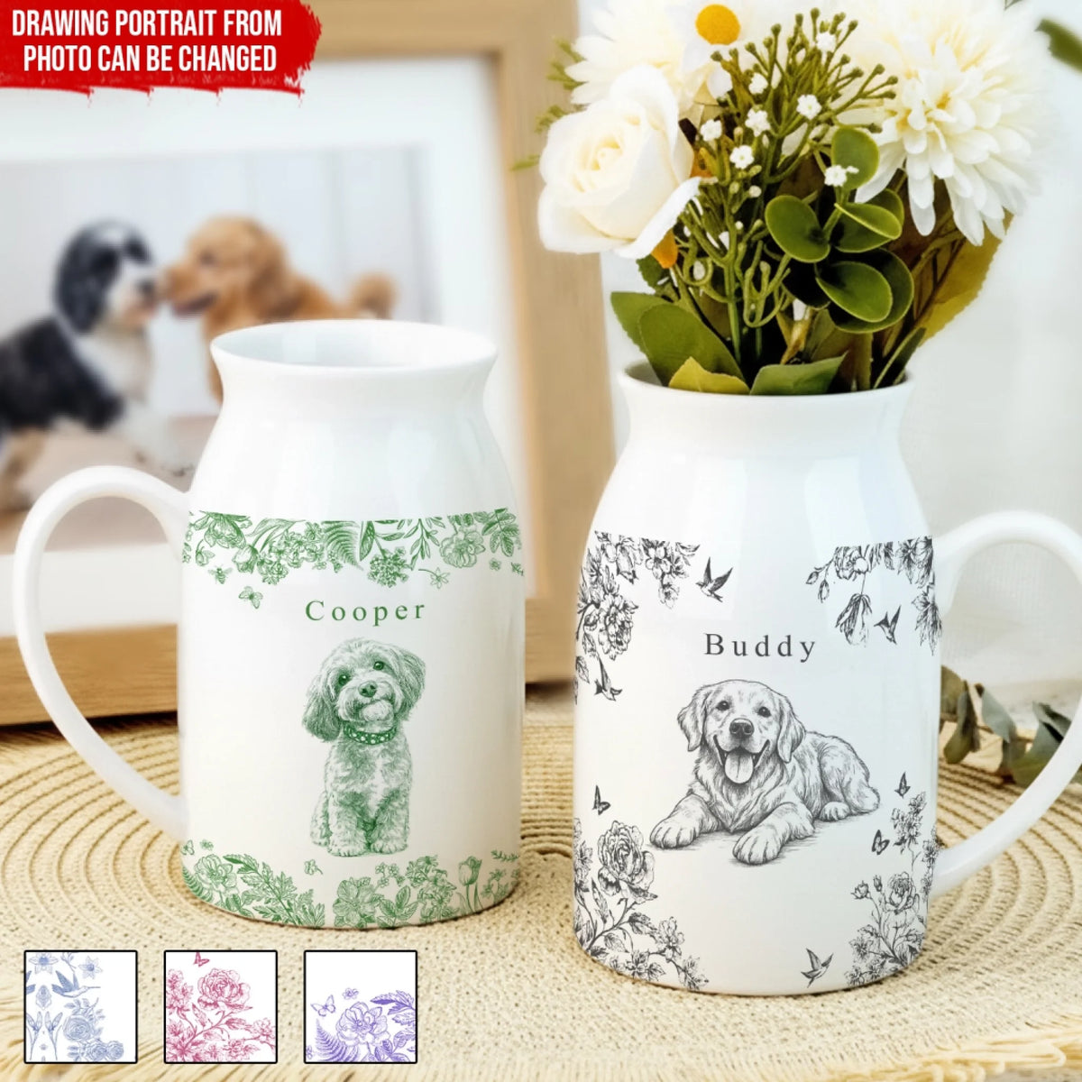 Cute Pet Photo With Toile De Jouy Flower - Personalized Flower Vase, Gift For Pet Lovers, Drawing Portrait From Photo