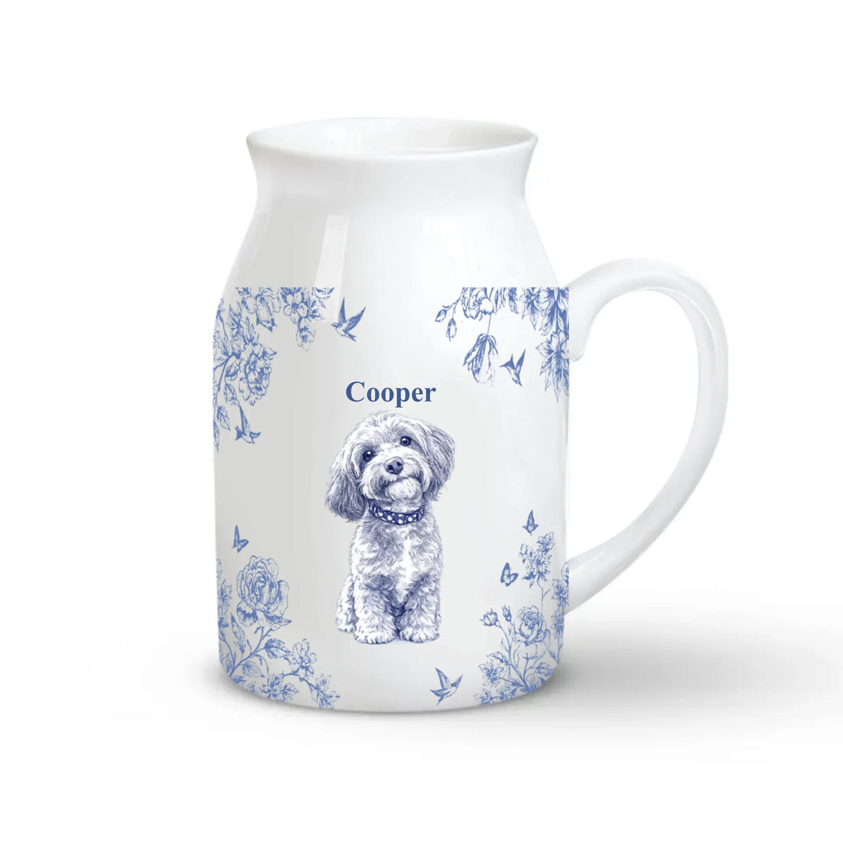 Cute Pet Photo With Toile De Jouy Flower - Personalized Flower Vase, Gift For Pet Lovers, Drawing Portrait From Photo