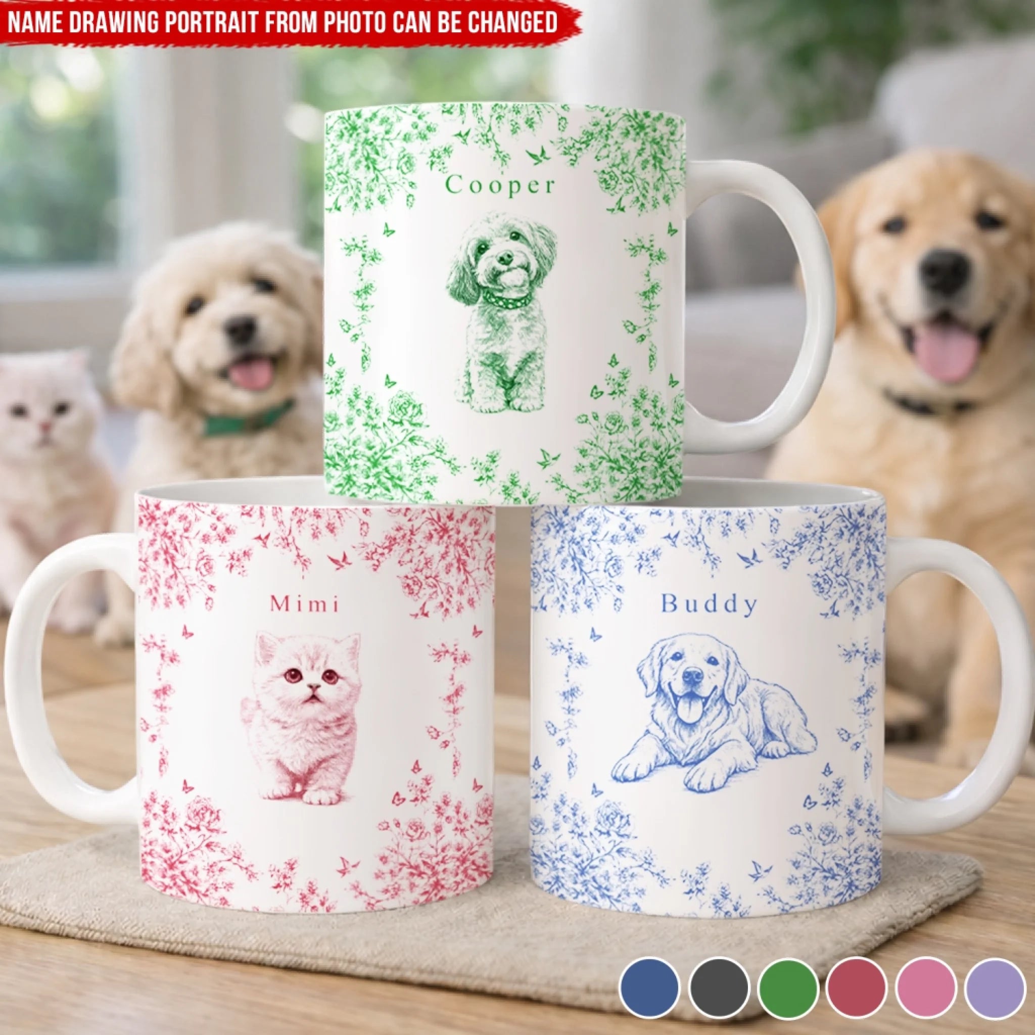Toile De Jouy Flower Adorable Pet Photo - Personalized Mug, Gift For Pet Lovers, Drawing Portrait From Photo