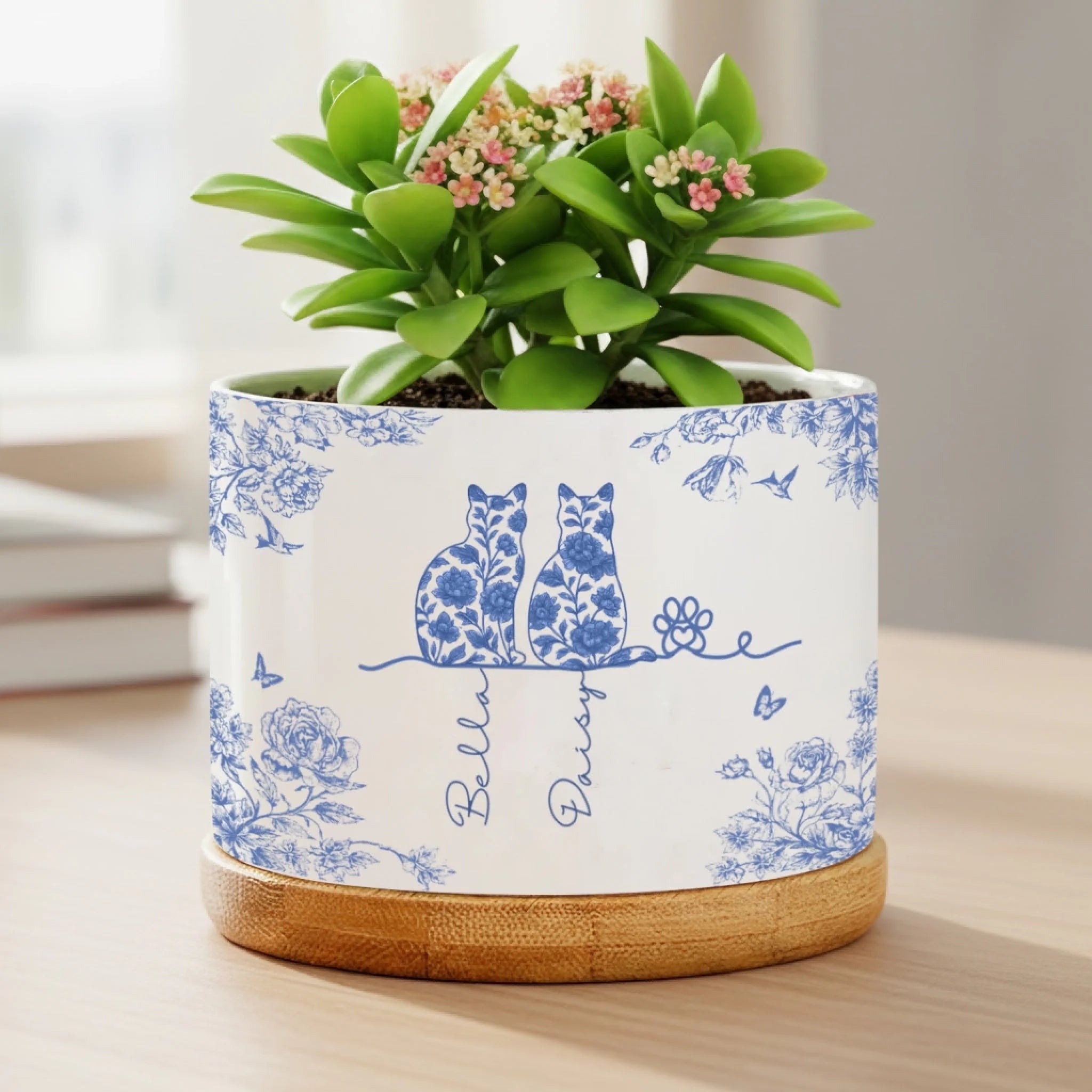 My Favorite Piece Of Art Has Four Paws - Personalized Plant Pot, Gift For Pet Lover, Toile De Jouy Cat Style, Cat Owner Cute Gift