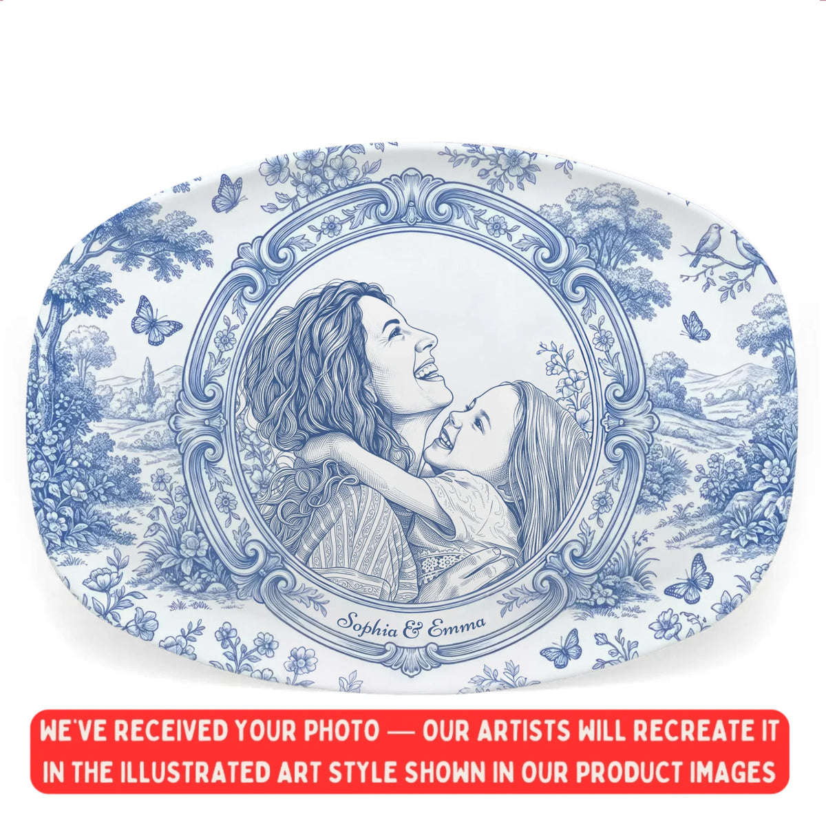 Mom &amp; Kid A Bond That Can’t Be Broken - Personalized Platter, Gift For Mom, Grandma, Drawing Portrait From Photo