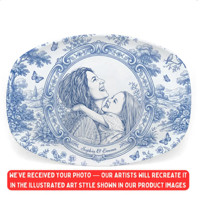Mom & Kid A Bond That Can’t Be Broken - Personalized Platter, Gift For Mom, Grandma, Drawing Portrait From Photo