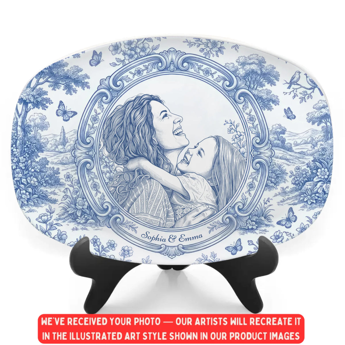 Mom &amp; Kid A Bond That Can’t Be Broken - Personalized Platter, Gift For Mom, Grandma, Drawing Portrait From Photo