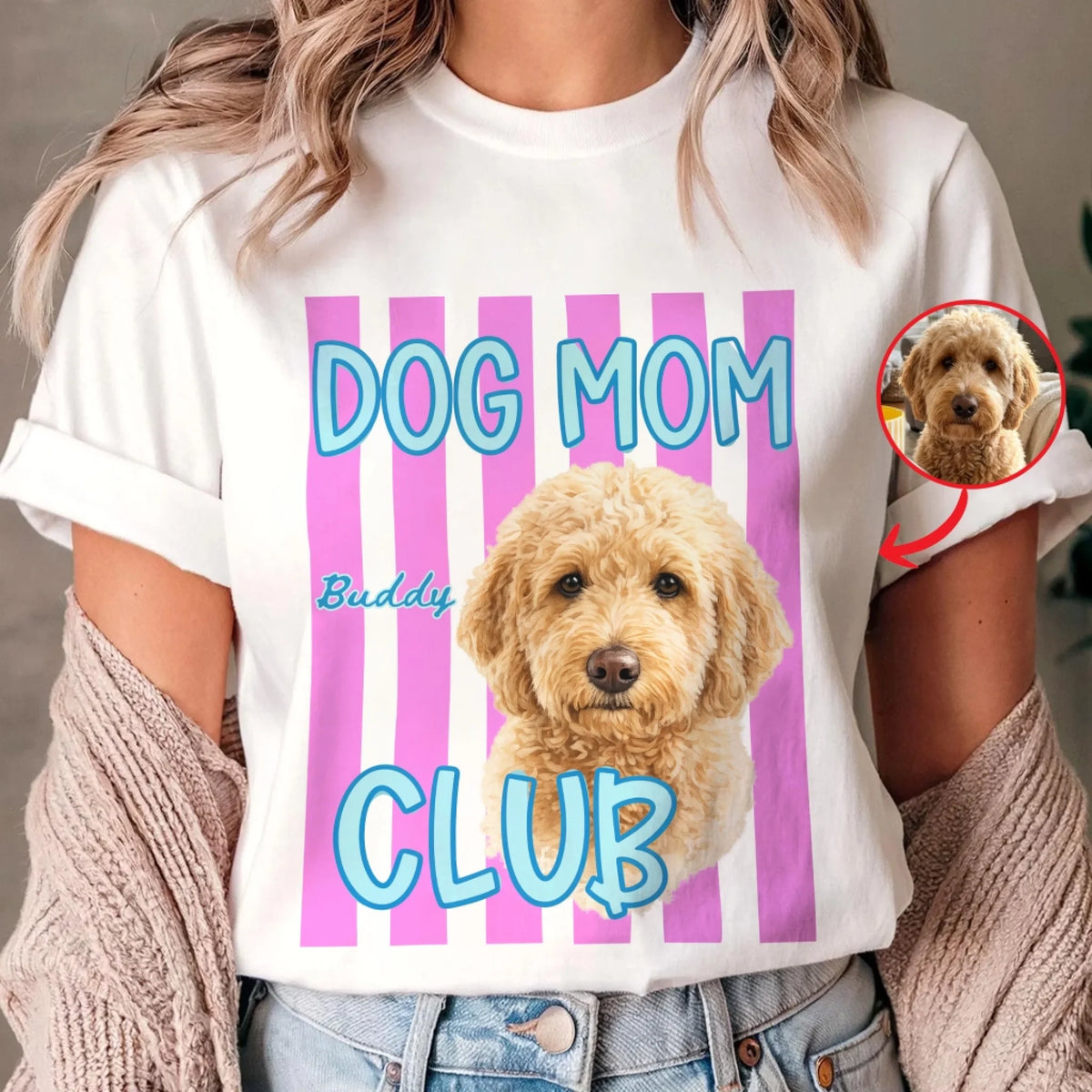 Pet Mom Club - Personalized T-Shirt, Gift For Cat Mom, Dog Mom, Drawing Pet's Water Color Portrait From Photo, Cute Stripe Shirt For Pet Lovers