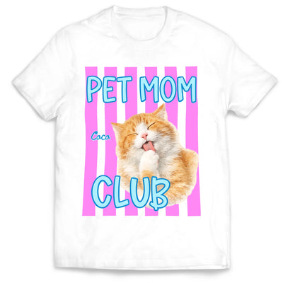 Pet Mom Club - Personalized T-Shirt, Gift For Cat Mom, Dog Mom, Drawing Pet's Water Color Portrait From Photo, Cute Stripe Shirt For Pet Lovers