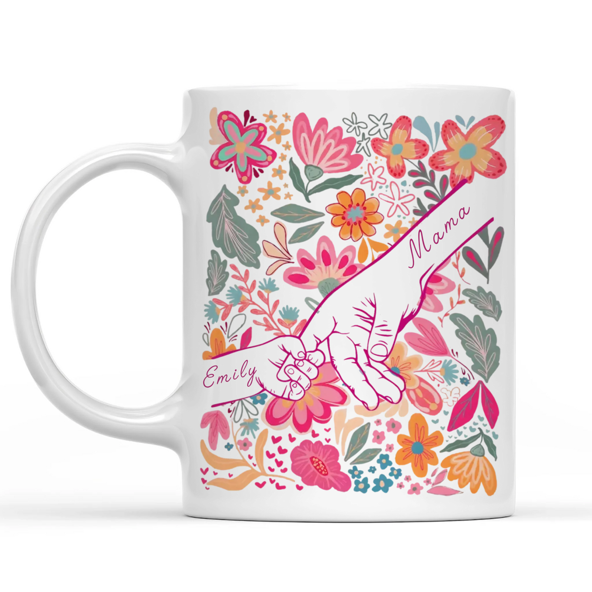 Together We Hold Hands, Together We Bloom - Personalized Mug, Custom Family Hands Mug, Floral Mug For Mom, Gift For Mother's Day