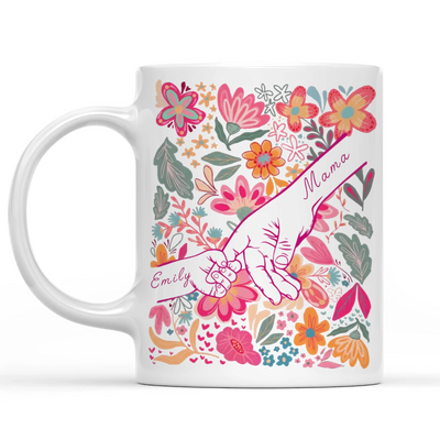 Together We Hold Hands, Together We Bloom - Personalized Mug, Custom Family Hands Mug, Floral Mug For Mom, Gift For Mother's Day