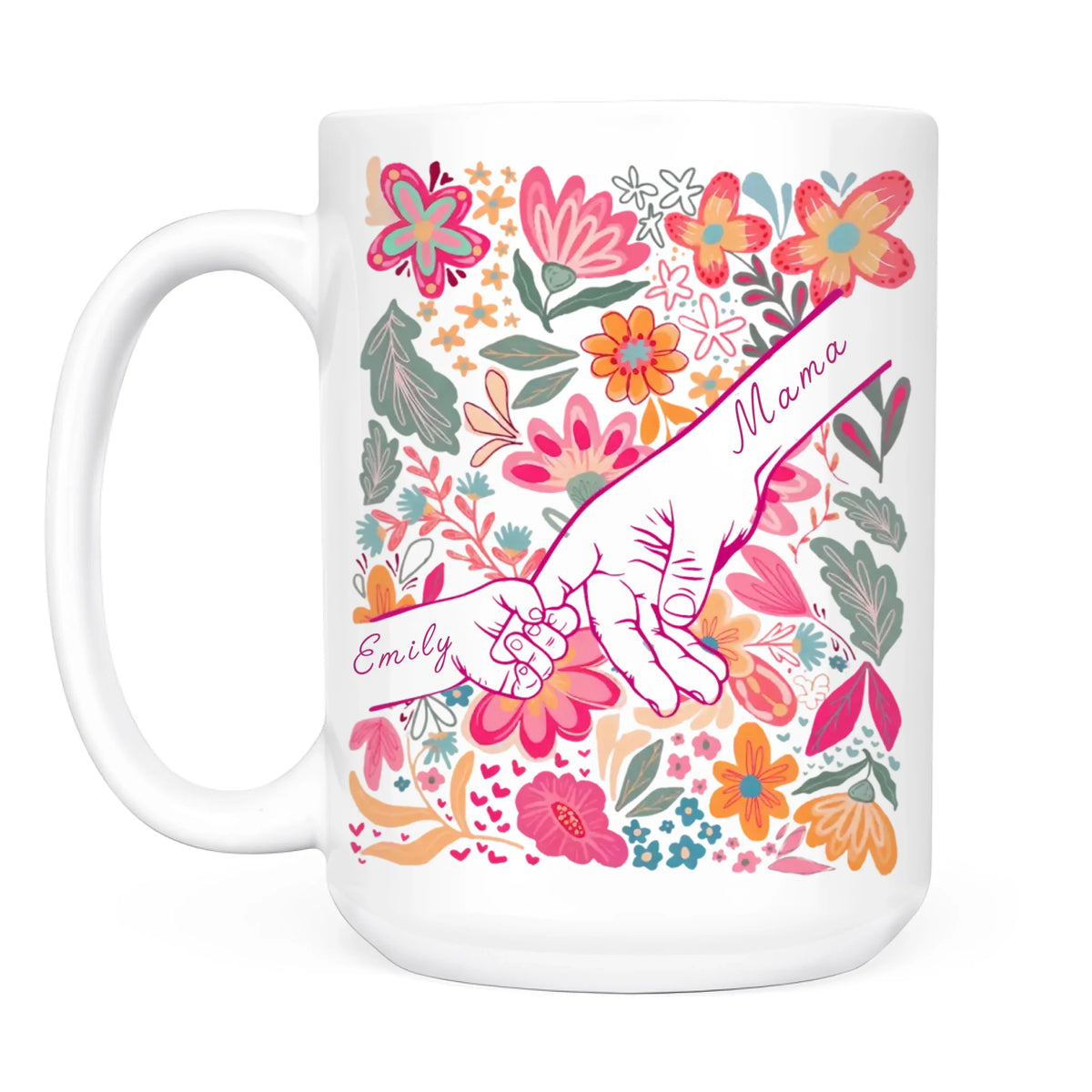 Together We Hold Hands, Together We Bloom - Personalized Mug, Custom Family Hands Mug, Floral Mug For Mom, Gift For Mother's Day