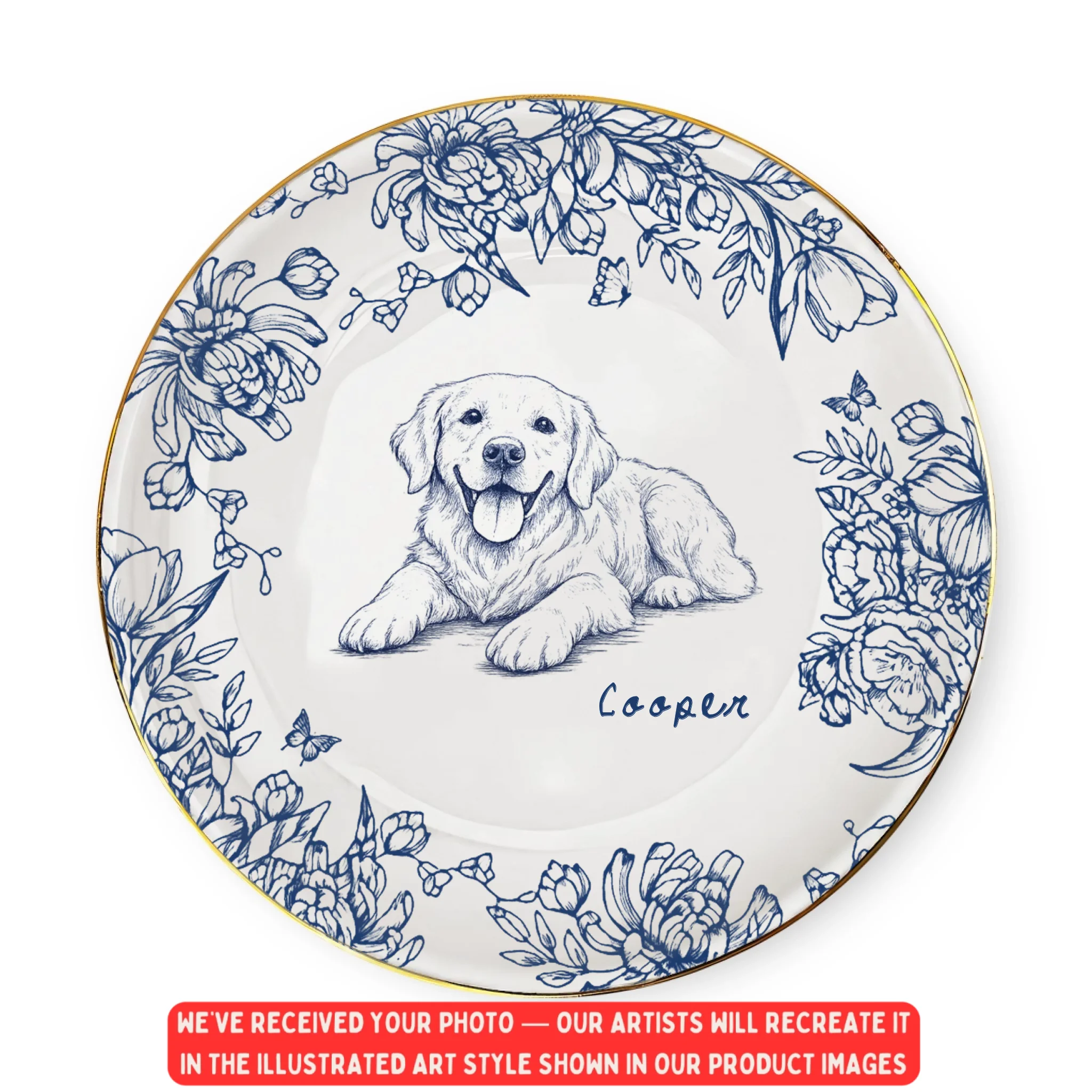 From Paw To Heart - Personalized Jewelry Dish, Drawing Portrait From Photo, Toile De Jouy Gift For Pet Lovers