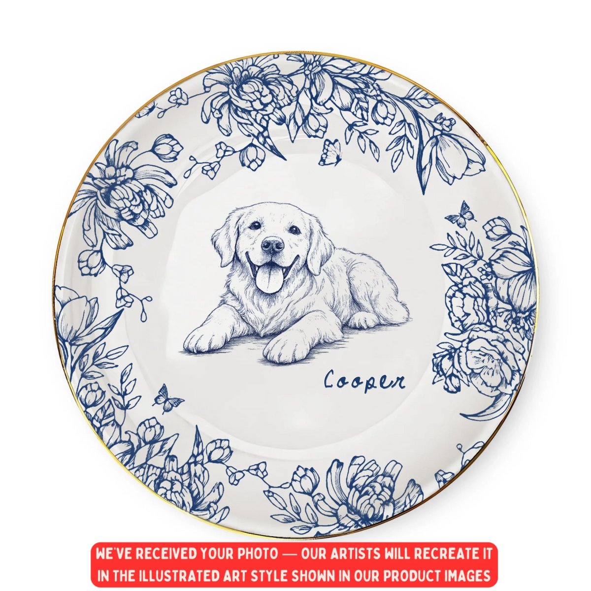 From Paw To Heart - Personalized Jewelry Dish, Drawing Portrait From Photo, Toile De Jouy Gift For Pet Lovers