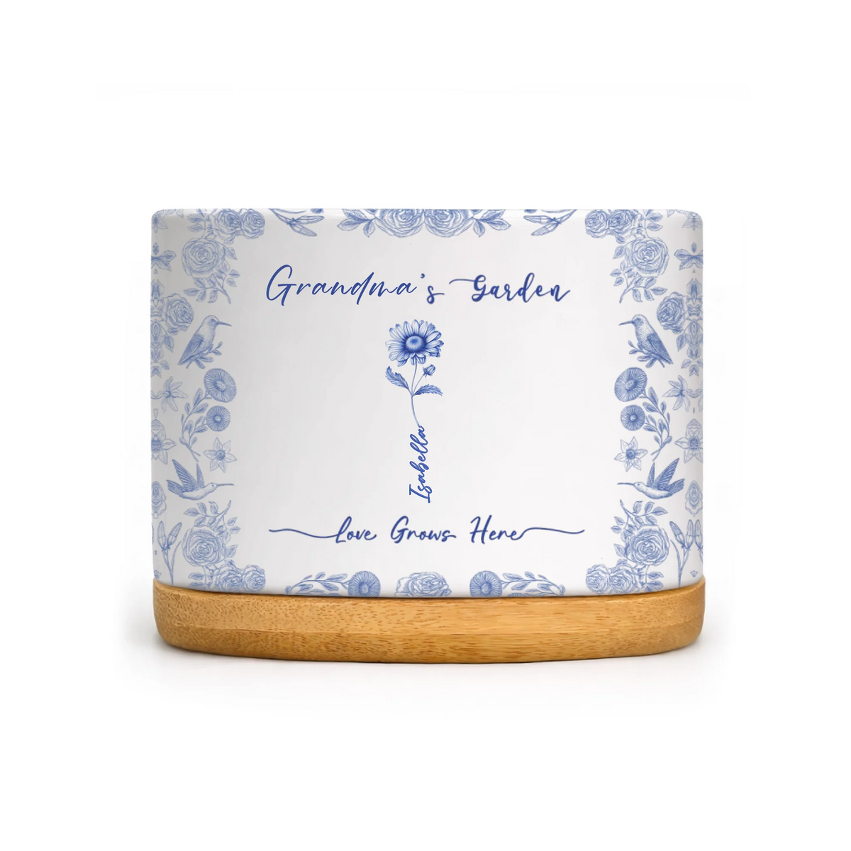 Nana’s Garden Full Of Love - Personalized Plant Pot, Toile De Jouy Birth Flower Grandma Gift From Grandkids, Love Grows Here Gift