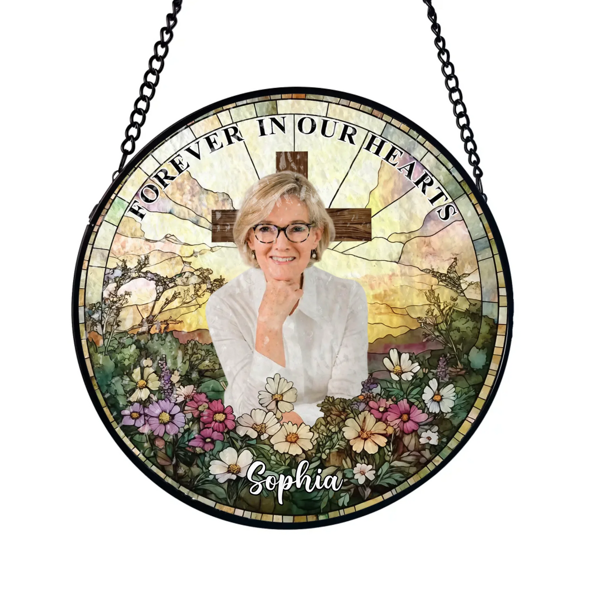 Wildflowers Cross Forever In Our Hearts - Personalized Window Stained Glass, Memorial Gift