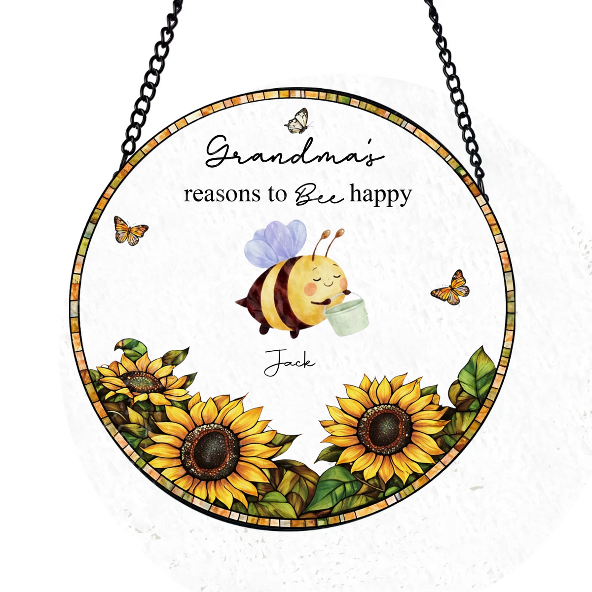 Nana's Reasons To Bee Happy - Personalized Window Stained Glass, Custom Mother's Day Gift for Mom/Grandma