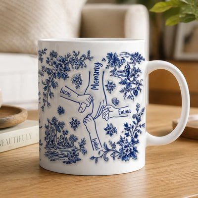 Mom We Love You - Personalized 3D Inflated Effect Mug, Gift For Mom, Grandma, Mom Holding Her Kids Hands, Toile De Jouy Floral Mug