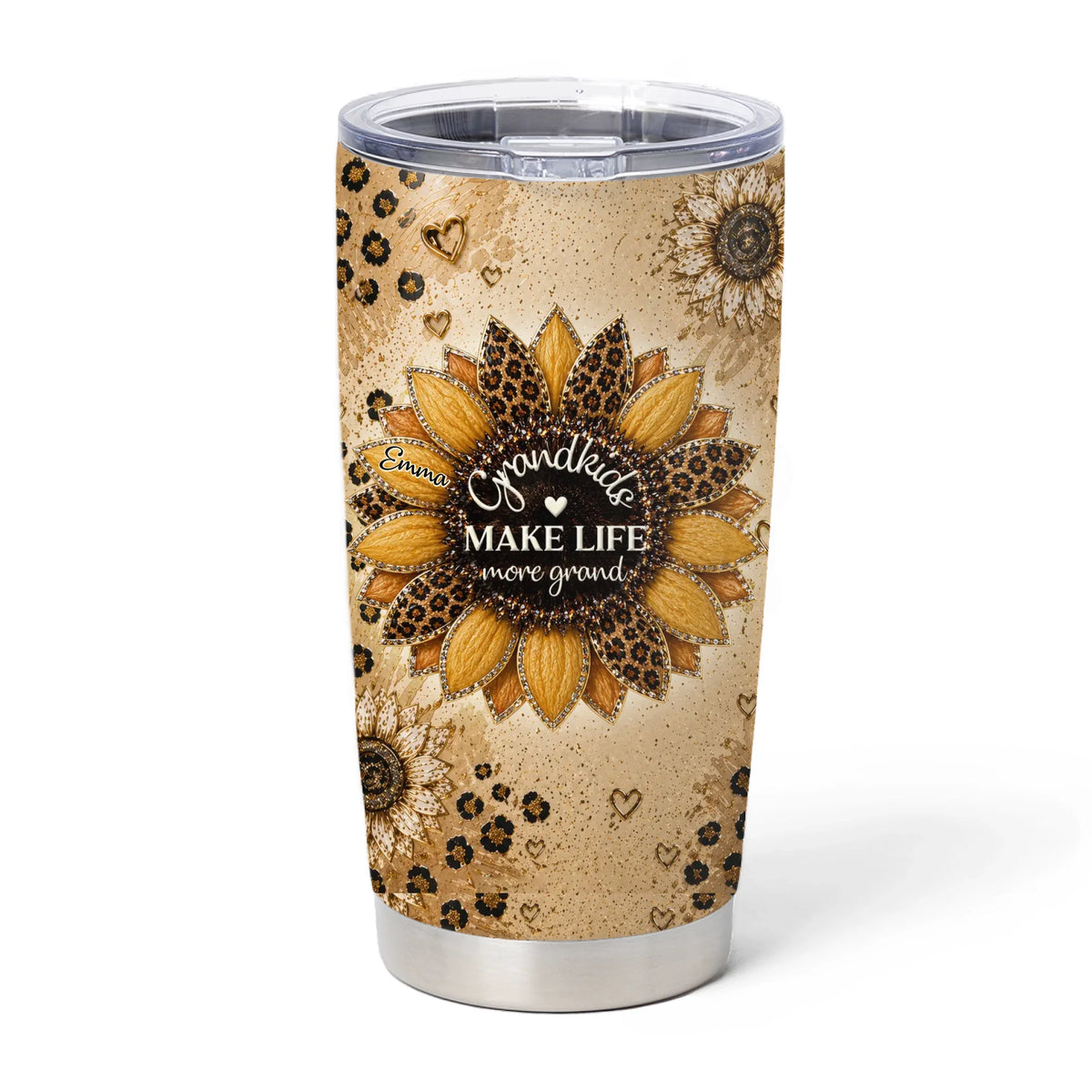 Leopard Sunflower Grandkids Make Life More Grand - Personalized Tumbler, Mother’s Day Gift, Gift For Grandma, Mom With Custom Kid Names