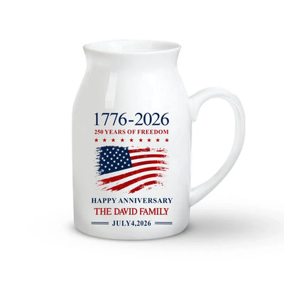 250 Years Of Freedom - Personalized Flower Vase, Custom Family Name USA 250th Anniversary Home Decor, USA Semiquincentennial Gift